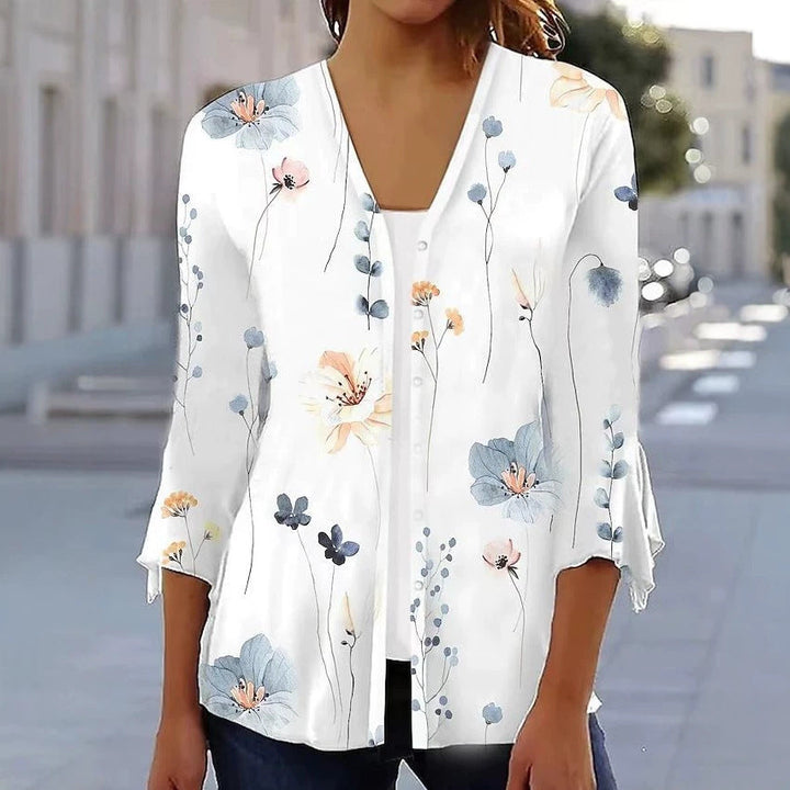 Damen nan leichte Chiffonbluse mit Aquarellblumenprint, V‑Ausschnitt, Knopfleiste und dreiviertelärmeln Echoarchiv