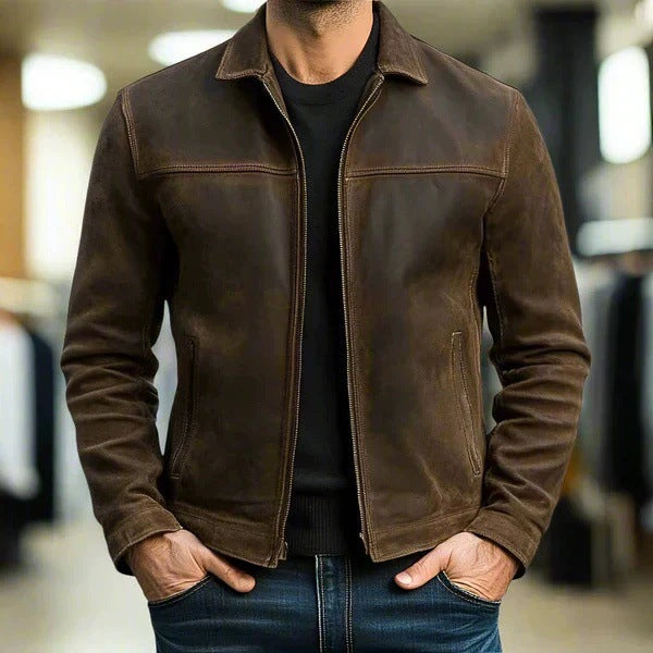 Herren Vintage Velourslederjacke mit schmaler Passform und Reißverschluss – Valtoré