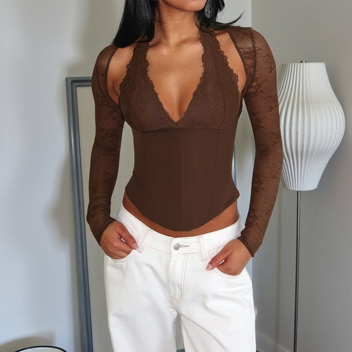 Damen eleganter Body mit Spitzendetails und tiefem V-Ausschnitt Echo Archiv