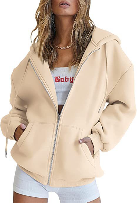 Damen oversized Kapuzenjacke mit durchgehendem Reißverschluss Kängurutaschen und weichem Sweatmaterial – Auréline