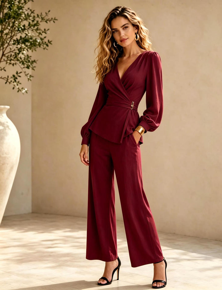 Damen Langarm Wickel Peplum Oberteil und Weite Hosen Set Echoarchiv