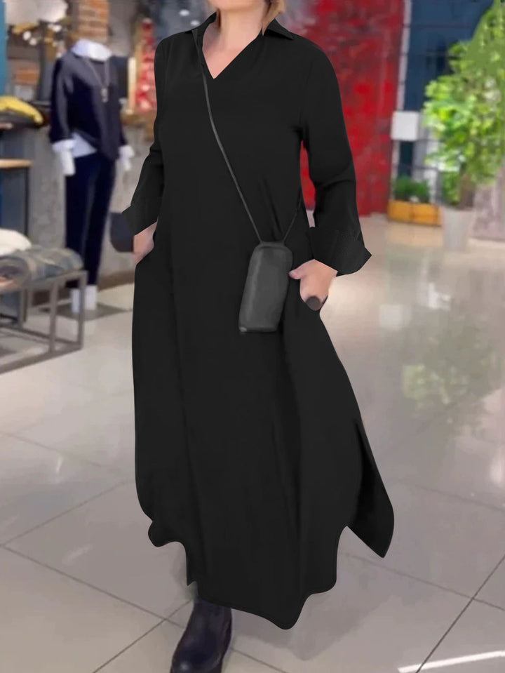 Damen Kragenblusenkleid mit V-Ausschnitt, Eingrifftaschen und seitlichen Schlitzen – Lunéa