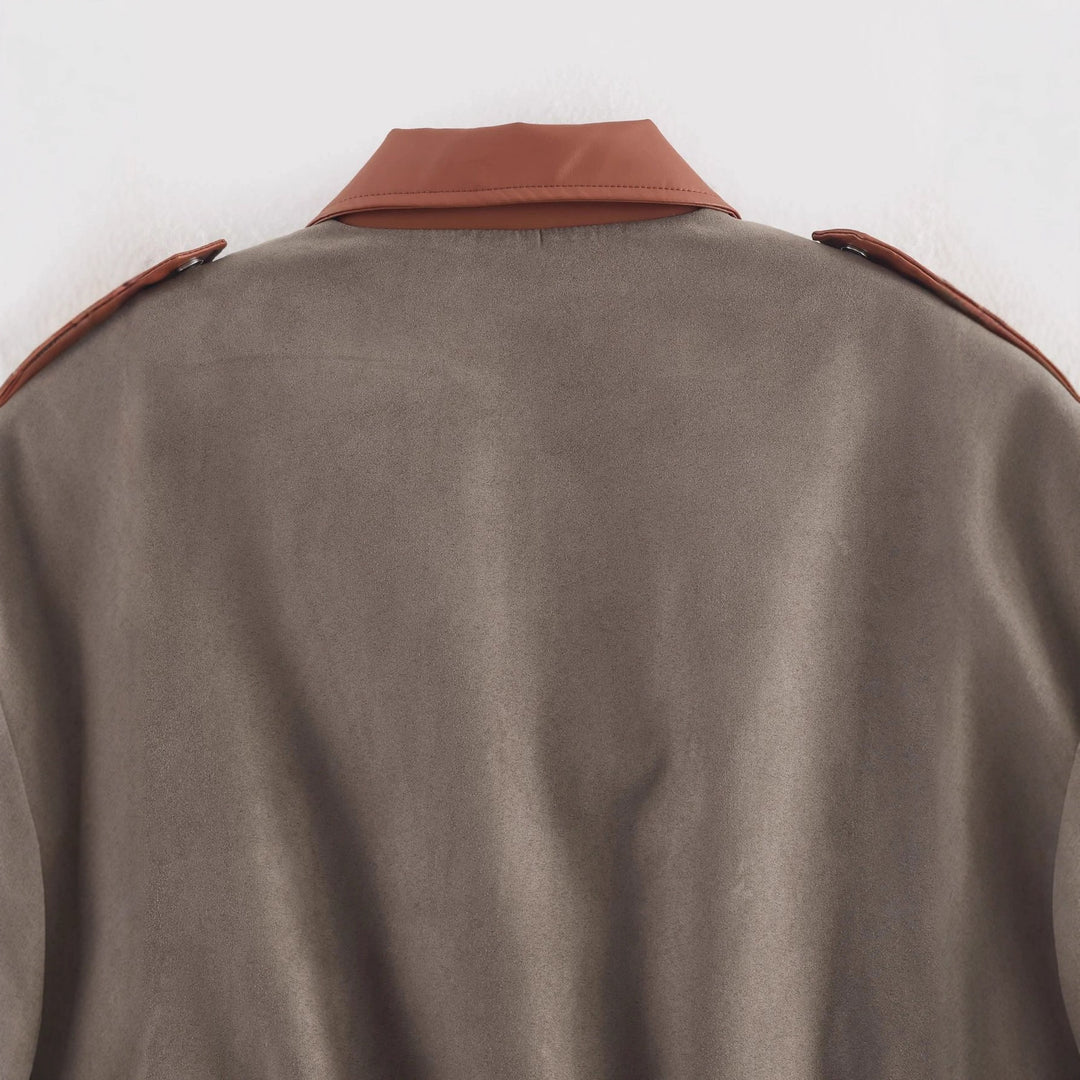 Damen oversized Kurzjacke mit kontrastkragen, Schulterpatten und elastischem Taillenzug – Célinea