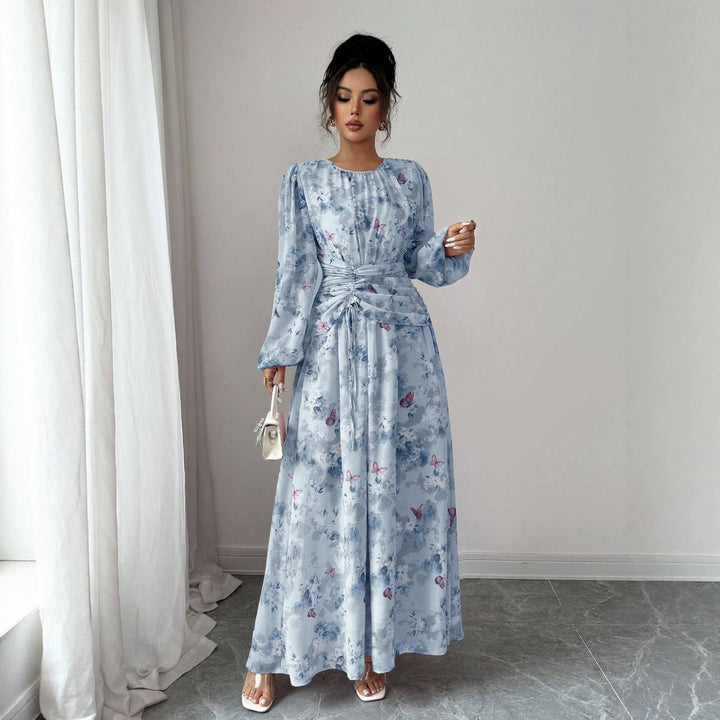 Damen Maxikleid mit floralem Schmetterlingsprint, geraffter Taillenpartie und langen Ballonärmeln Echo Archiv