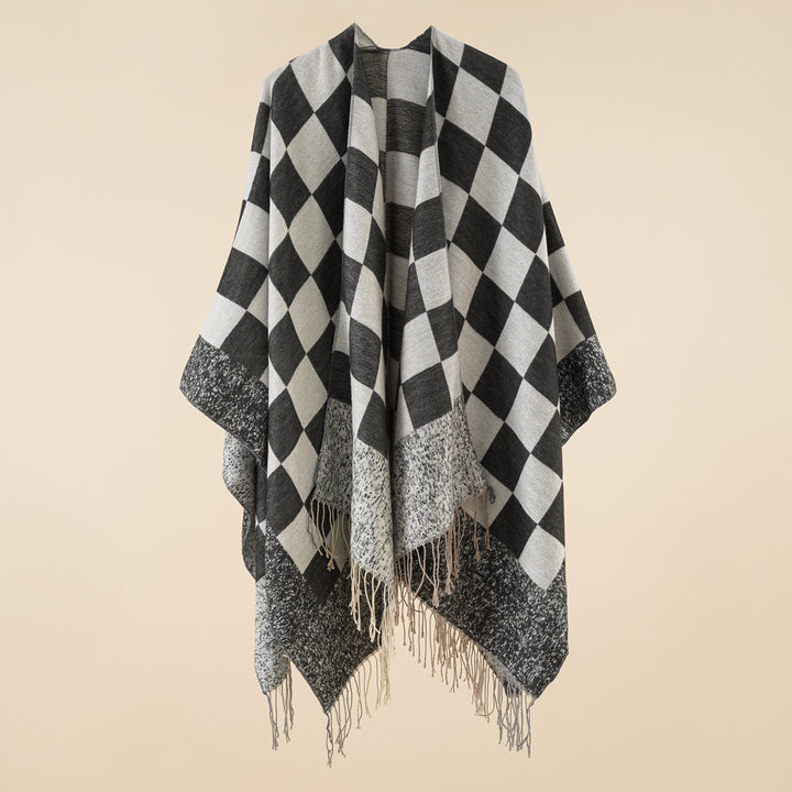 Damen Oversized gewebter Poncho mit Rautenmuster und Fransen – Avérine