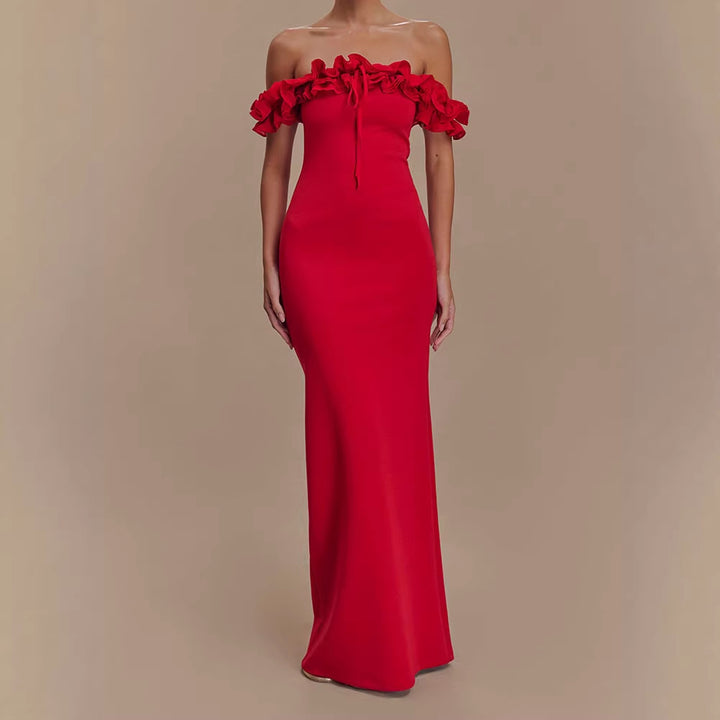 Damen Elegantes, schulterfreies Maxikleid mit Rüschendetails Echo Archiv