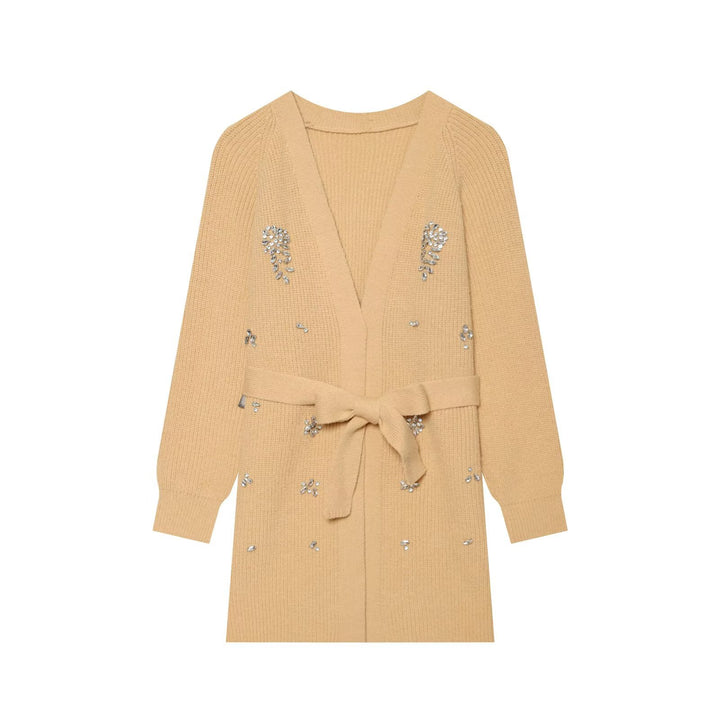 Damen Longcardigan mit Bindegürtel und Schmuckstein‑Applikation Echo Archiv