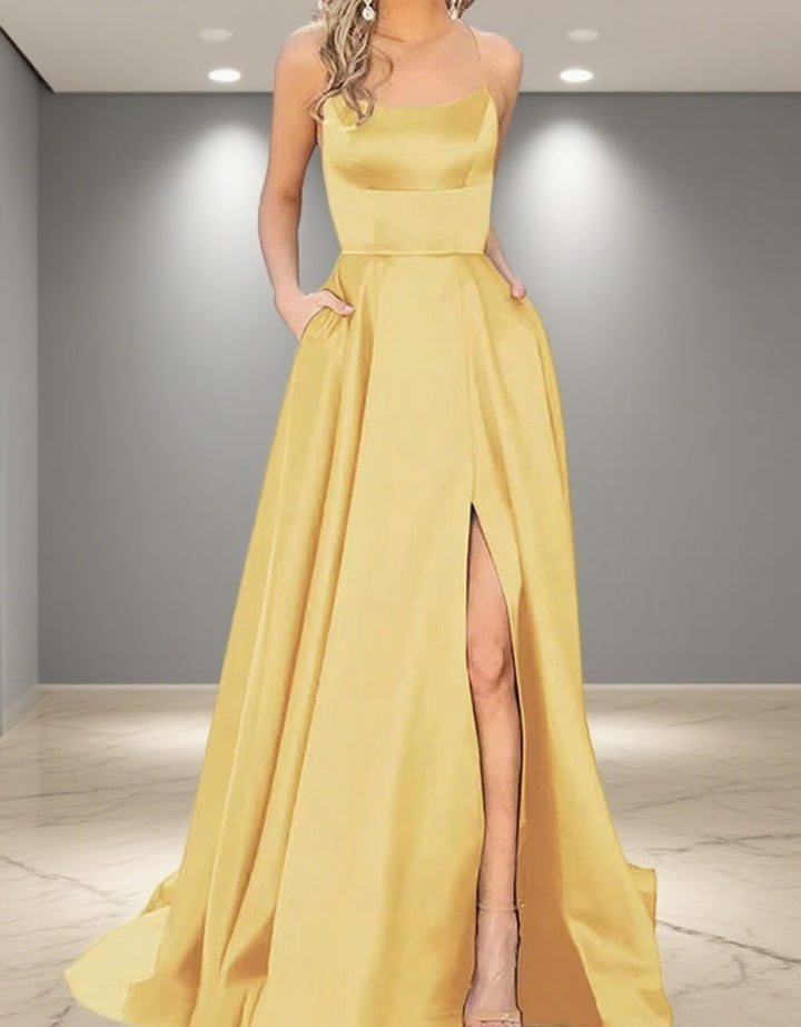 Damen Elegantes Abendkleid mit seitlichem Schlitz und schmalen Spaghetti-Trägern Echo Archiv