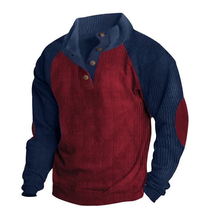 Herren Strukturiertes Raglan-Henley-Pullover mit Stehkragen, Ellenbogenpatches & Knopfleiste – Norvane
