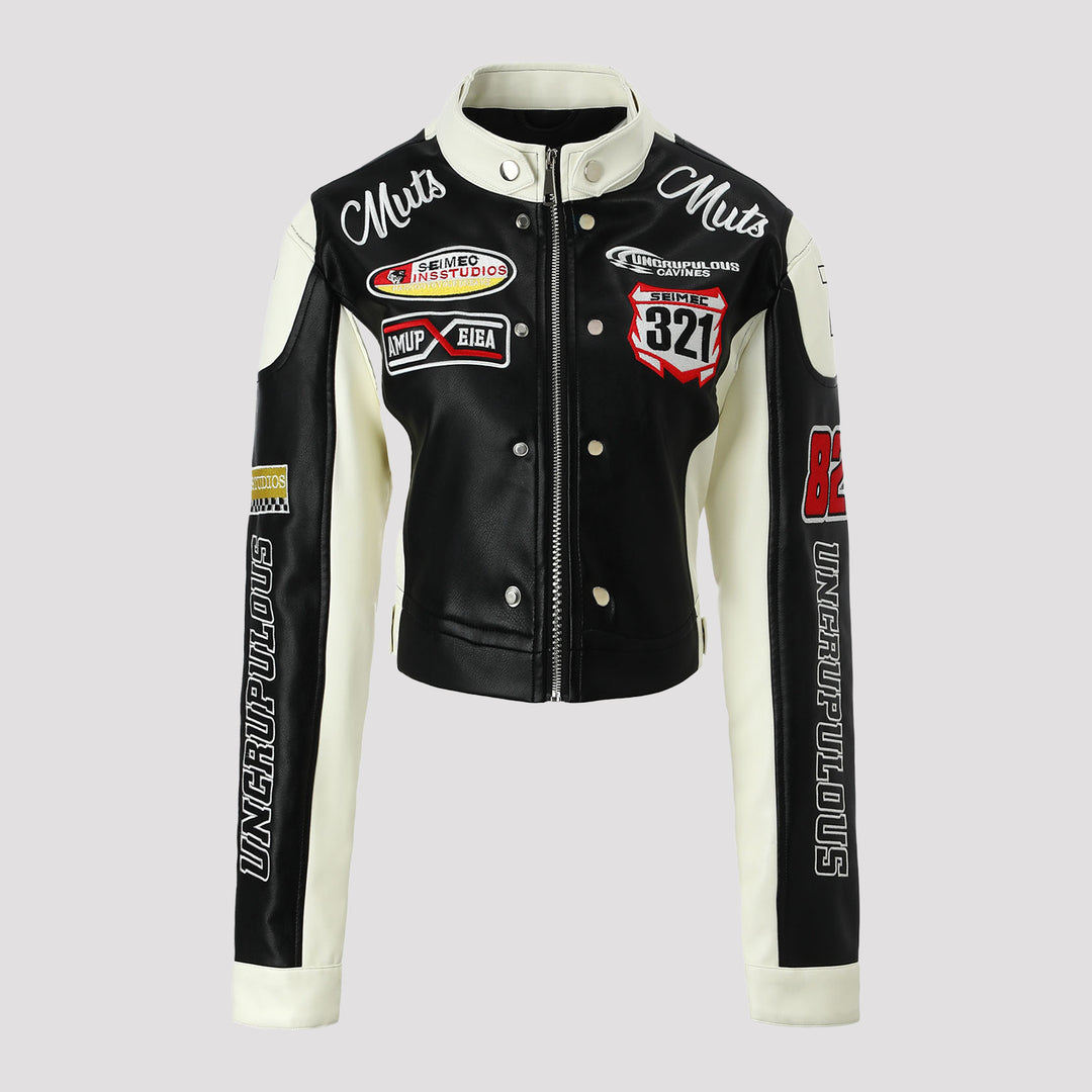 Damen Trendige Bikerjacke mit aufgestickten Patches Echo Archiv