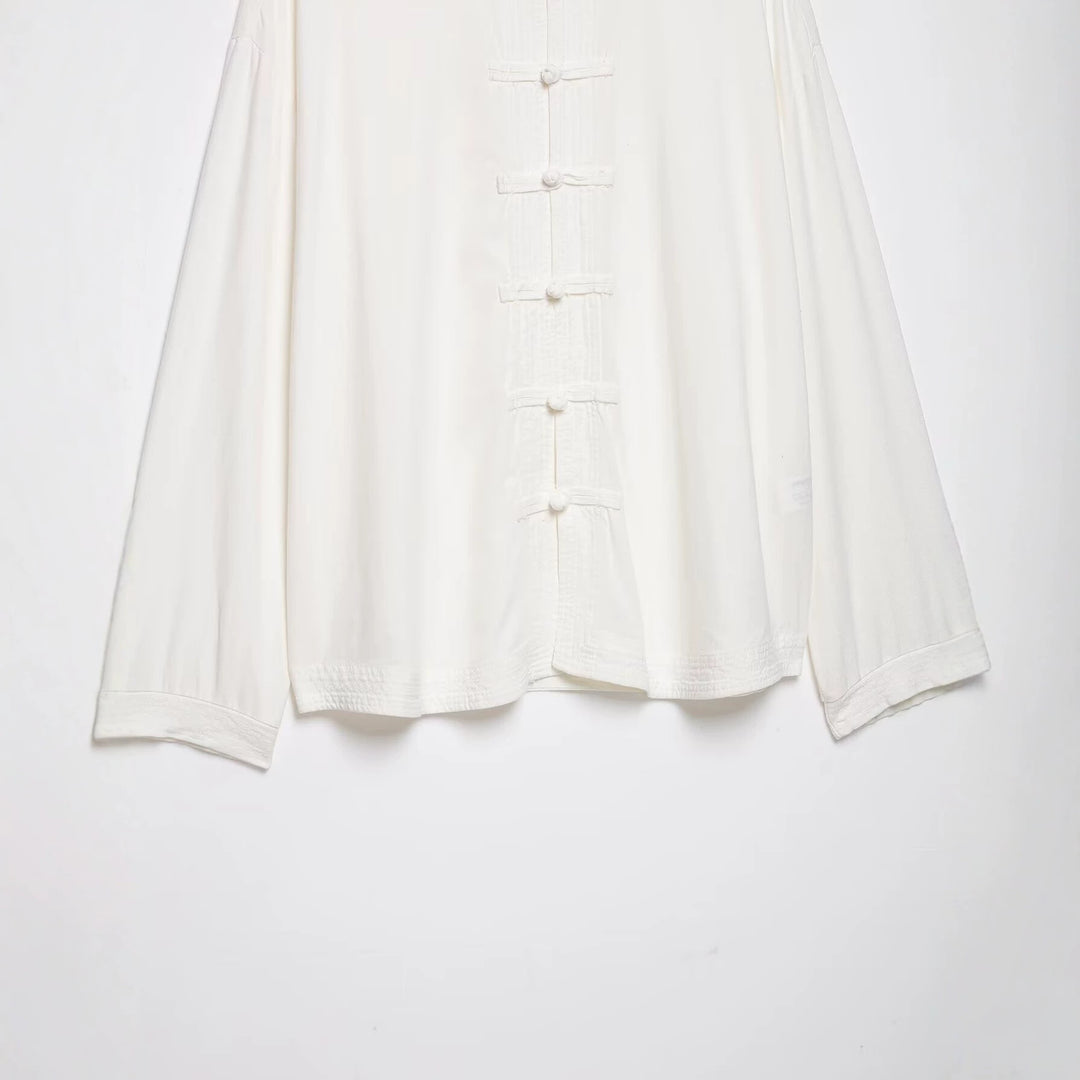 Damen Oversize Tunika‑Bluse im asiatisch inspirierten Stil mit Stehkragen und Zierknotenverschlüssen Echo Archiv