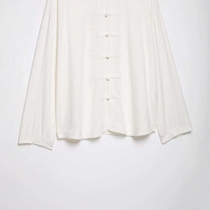 Damen Oversize Tunika‑Bluse im asiatisch inspirierten Stil mit Stehkragen und Zierknotenverschlüssen Echo Archiv
