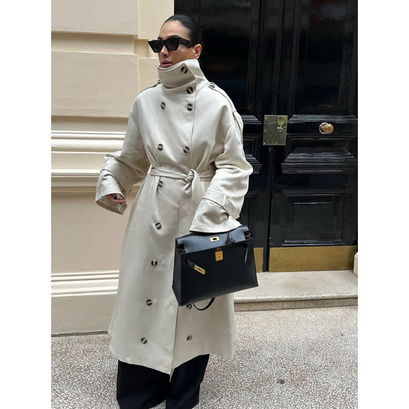 Damen Langer Oversized Trenchcoat mit hohem Stehkragen, Glockenärmeln und Bindegürtel Echoarchiv