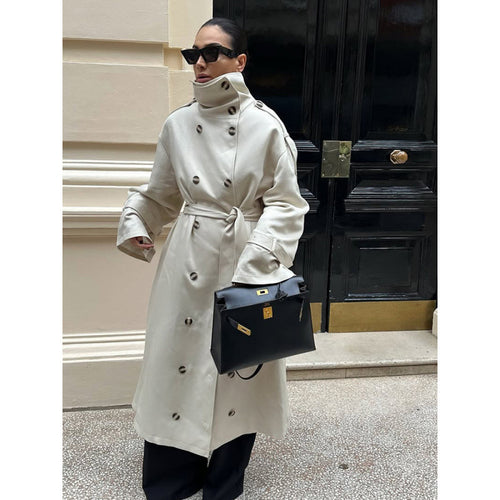 Damen Langer Oversized Trenchcoat mit hohem Stehkragen, Glockenärmeln und Bindegürtel Echoarchiv