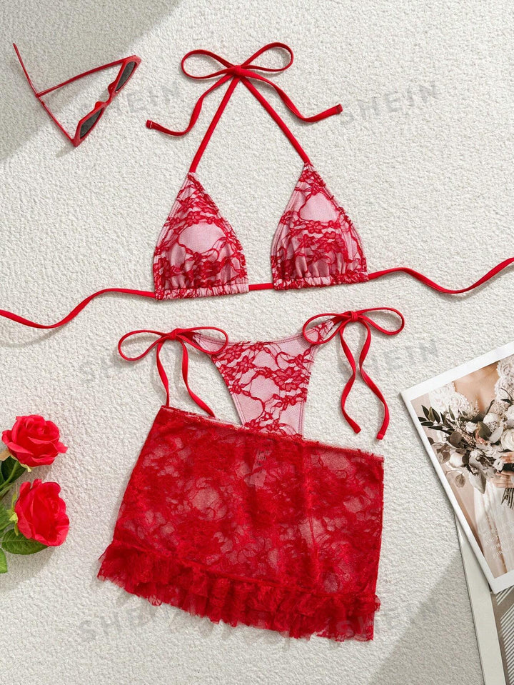 Damen Spitzen-Bikini mit floralem Design und fließendem Rock Echo Archiv