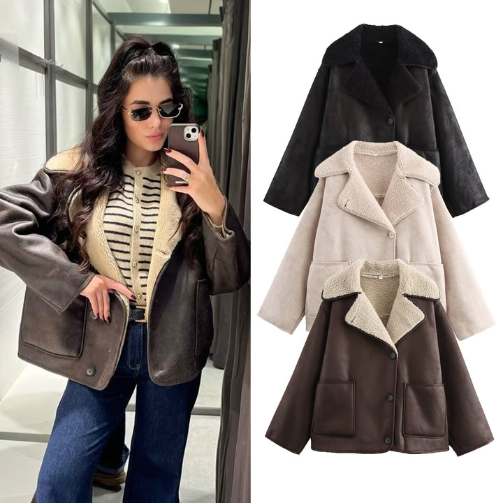 Damen Kurz geschnittener Oversized Lammfellimitat-Mantel mit Teddy-Kragen Echo Archiv