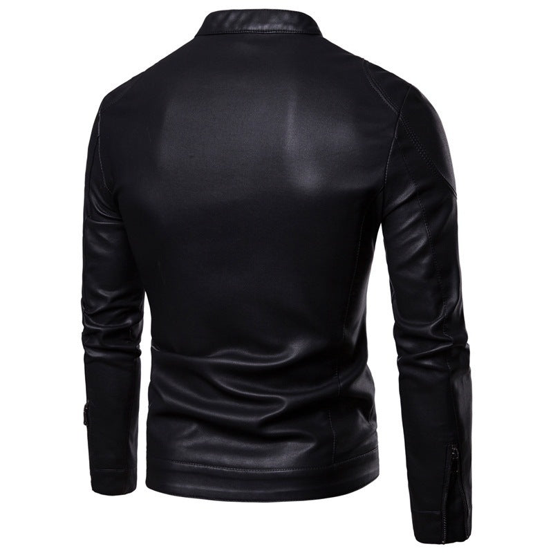 Herren Schlanke Kunstleder-Bikerjacke mit Stehkragen und verdecktem Reißverschluss – Taviero