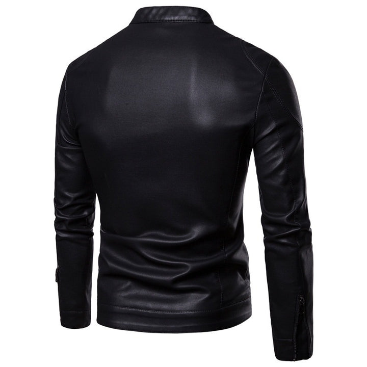 Herren Schlanke Kunstleder-Bikerjacke mit Stehkragen und verdecktem Reißverschluss – Taviero