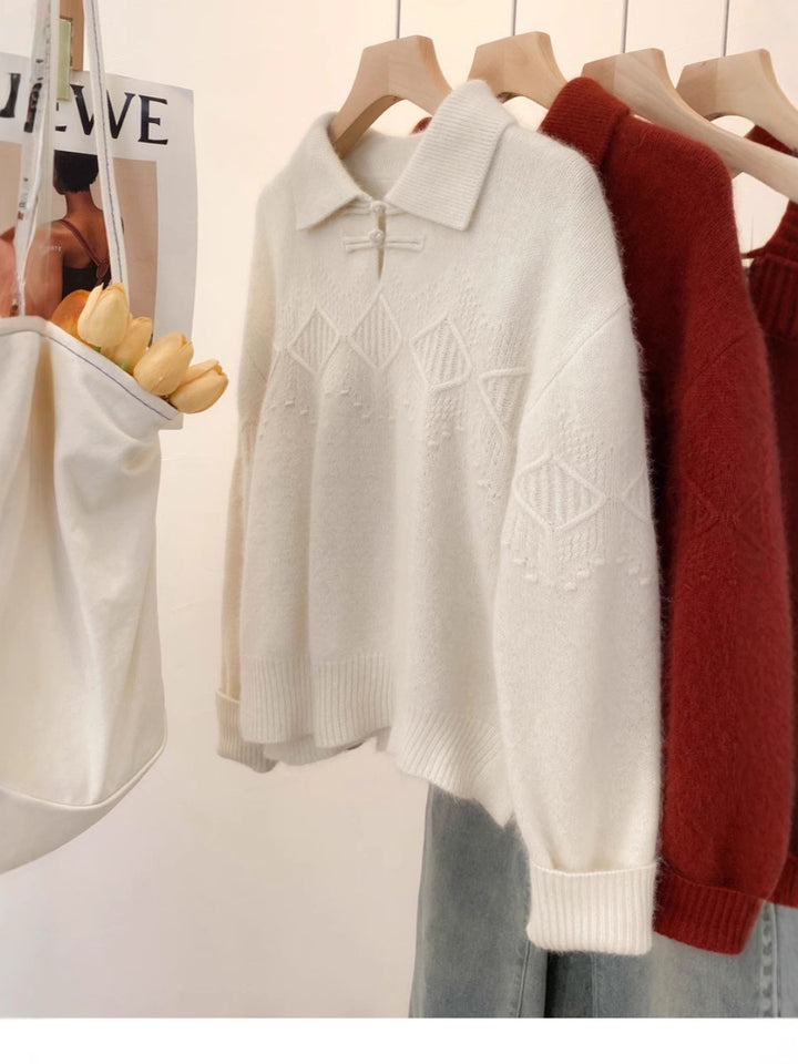 Damen Polokragen-Pullover im Mohair‑Look mit Ajour‑Zopfmuster, überschnittener Schulter und weiter Silhouette Echoarchiv