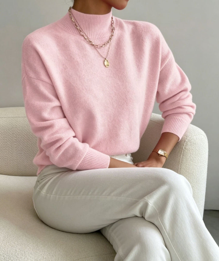 Damen kuscheliger Feinstrickpullover mit Stehkragen und überschnittener Schulter – Mavelle