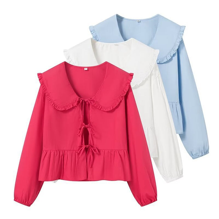 Damen Rüschige Cropped-Bluse mit übergroßem Kragen, Bindebändern und tailliertem Peplum Echo Archiv