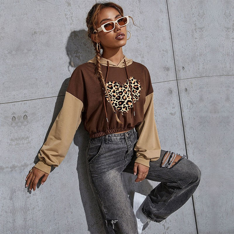 Damen Kurzgeschnittener Kapuzenpullover mit Teddy‑Print, Colorblock‑Ärmeln und elastischem Saum Echoarchiv