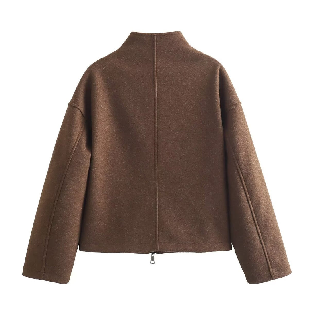 Damen kurz geschnittene Wolloptik-Zipjacke mit Stehkragen und Oversize-Ärmeln – Célinea