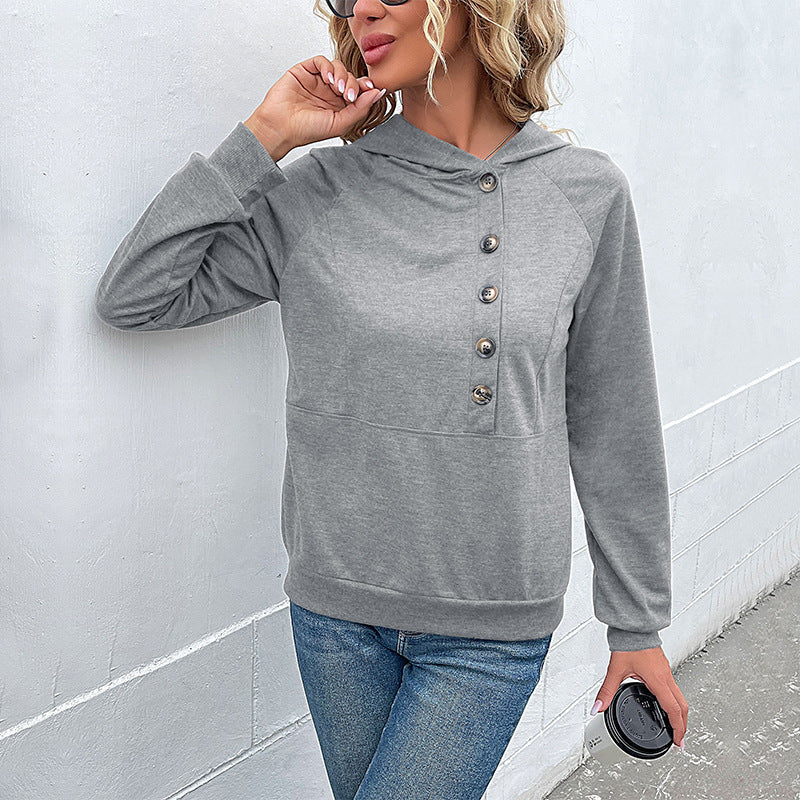 Damen Kapuzenpullover mit Zierknopfleiste, Raglanärmeln und Kängurutasche Echoarchiv