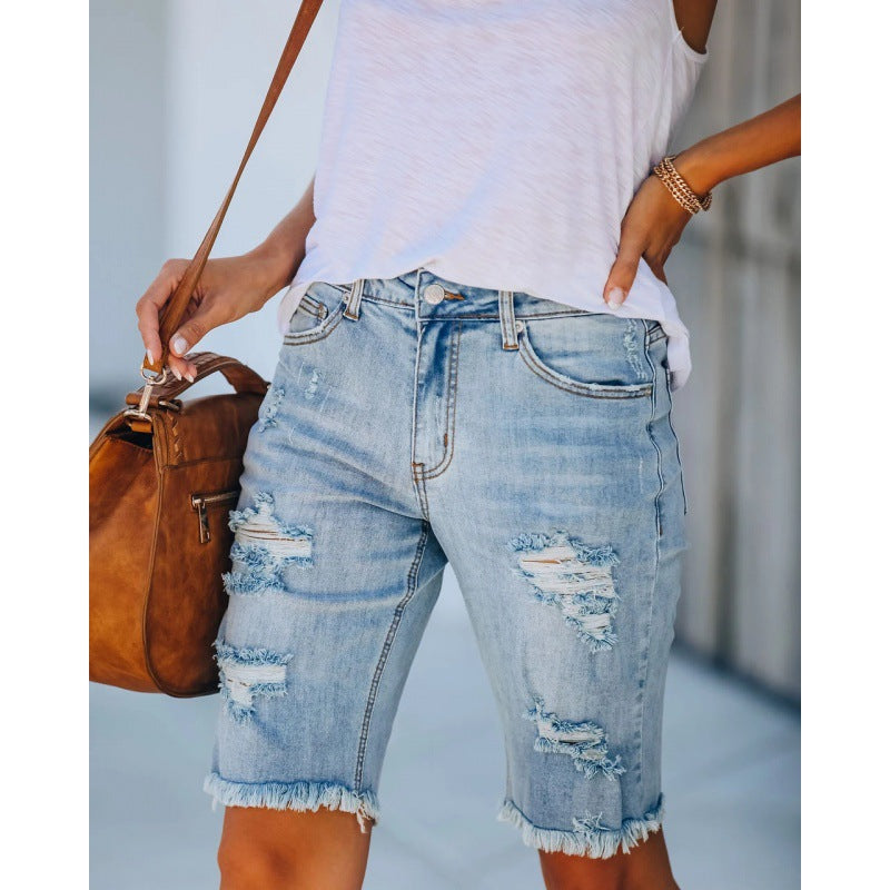 Damen Destroyed Denim Shorts Im Lässigen Schnitt mit Fransigen Säumen Echoarchiv