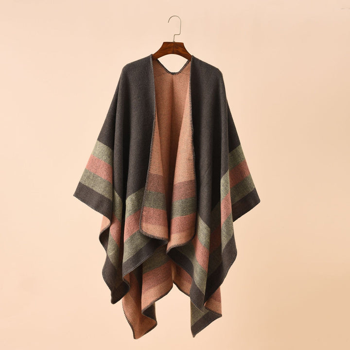 Damen Offener Strick‑Cape‑Poncho mit kontrastierenden Blockstreifen und Zierstich – Avérine
