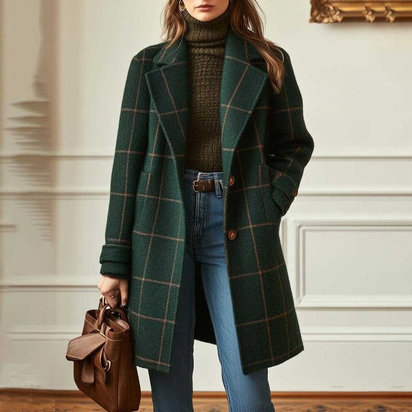 Damen nan karierter Wollmix Mantel mit Reverskragen, aufgesetzten Taschen und taillierter Silhouette Echo Archiv