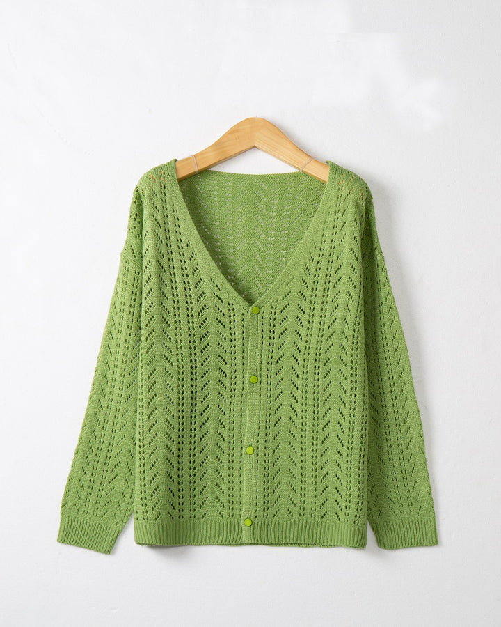 Damen Leichte Ajour-Strickjacke mit tiefem V-Ausschnitt und Knopfleiste Echo Archiv