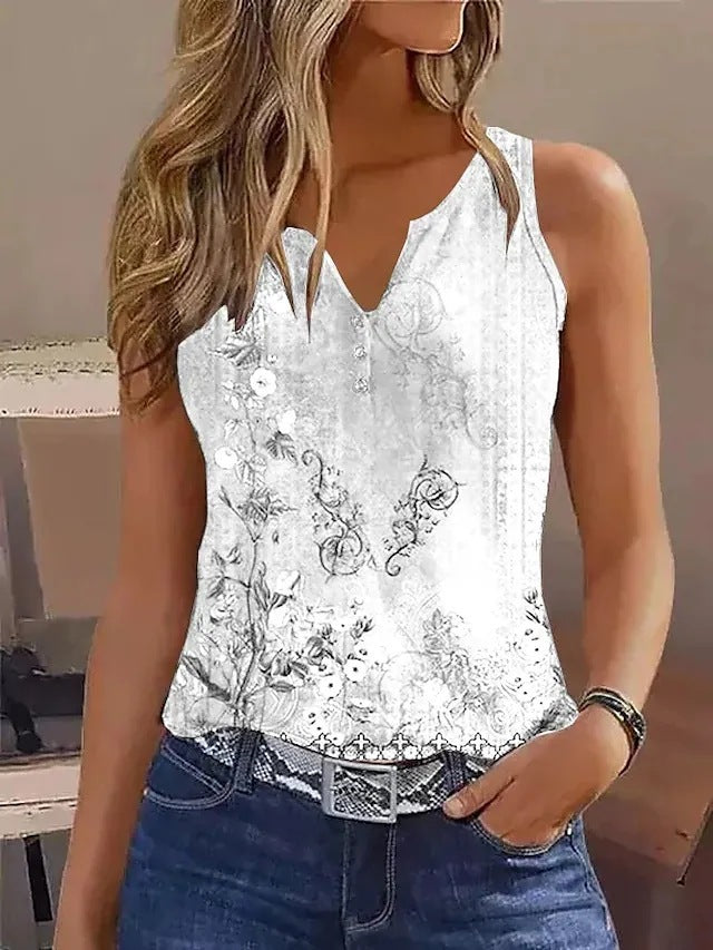 Damen Ärmelloses Oberteil mit Elegantem Floralem Design und Ausgefallenem V-Ausschnitt Echoarchiv