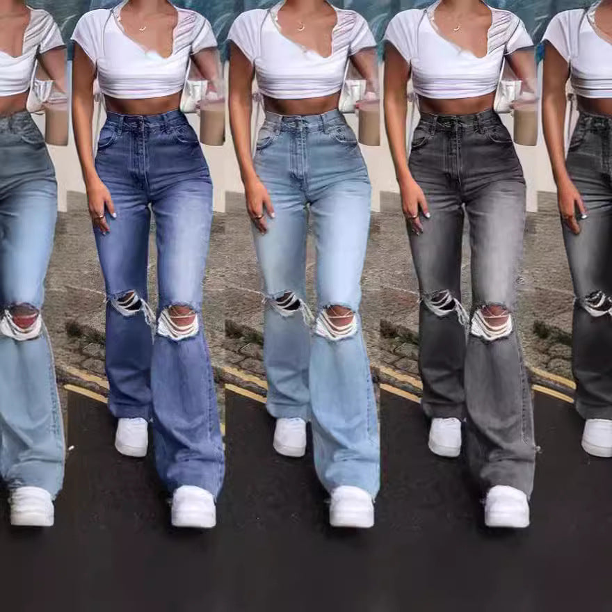 Damen Vintage Schlagjeans mit modischen Rissdetails und hohem Bund Echo Archiv