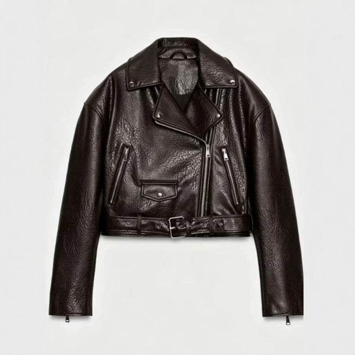 Damen Kurz geschnittene Bikerjacke aus Kunstleder mit Taillengürtel und asymmetrischem Reißverschluss Echoarchiv