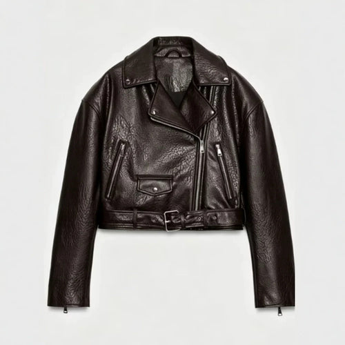 Damen Kurz geschnittene Bikerjacke aus Kunstleder mit Taillengürtel und asymmetrischem Reißverschluss Echoarchiv