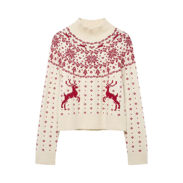 Damen kurzer Norwegerstrickpullover mit hohem Rippkragen und Rentiermotiv Echoarchiv