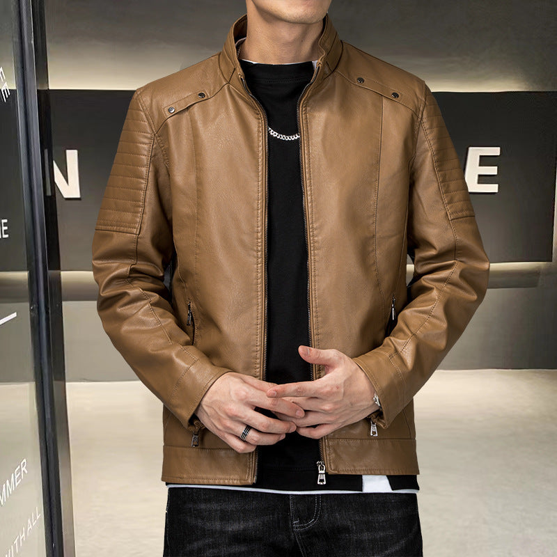 Herren Slim-Fit Kunstleder-Bikerjacke mit Stehkragen und Reißverschlusstaschen Echo Archiv