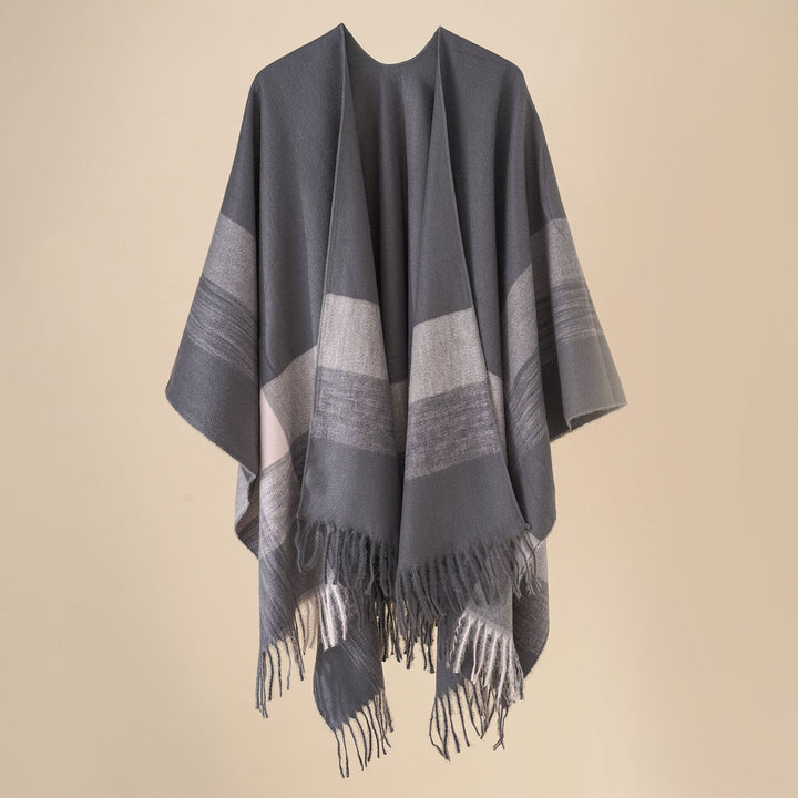 Damen Weit geschnittener Karierter Poncho mit Fransen und V‑Ausschnitt – Avérine