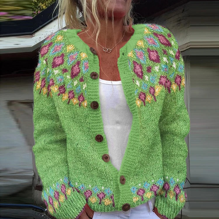 Damen nan gemusterte Strickjacke mit Rundpasse, Holzknöpfen und Eingrifftaschen Echo Archiv