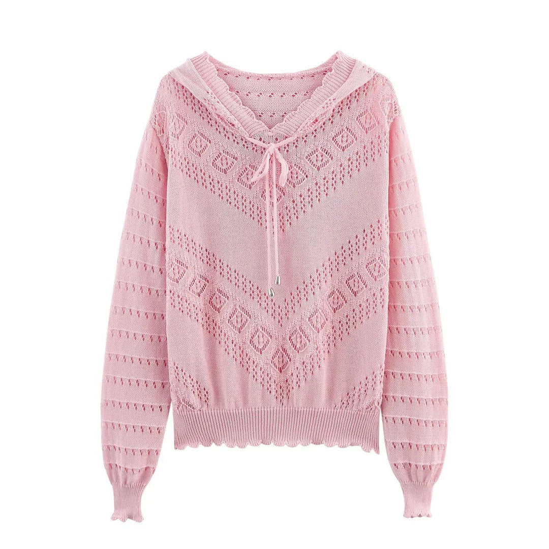 Damen nan Kapuzen-Strickpullover mit Ajourmuster, Tunnelzug und Ballonärmeln Echo Archiv