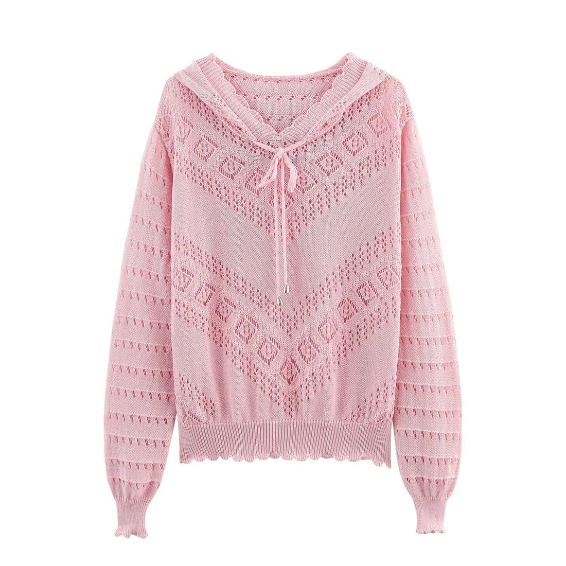 Damen Kapuzen-Strickpullover mit Ajourmuster, Tunnelzug und Ballonärmeln – Mavelle
