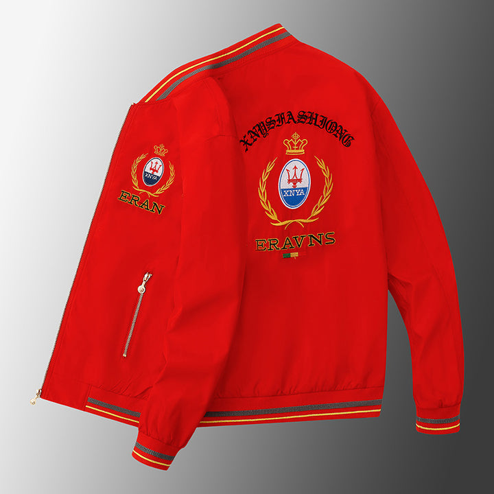 Herren Stickdetail-Bomberjacke im Retro-Crest-Stil mit Emblemstickerei und Reißverschluss-Ärmeltasche Echoarchiv