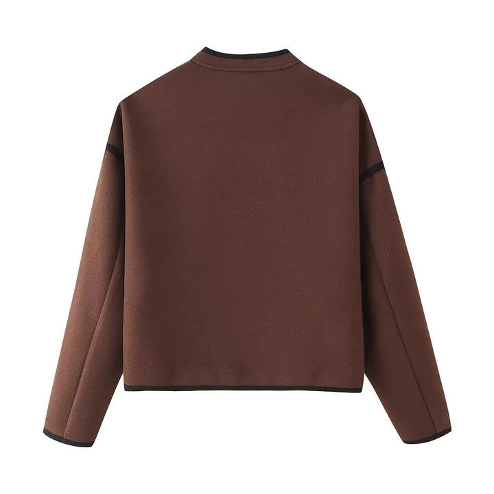 Damen nan kastige Kurzjacke mit Rundhalsausschnitt, Kontrastpaspel und Leistentaschen Echo Archiv