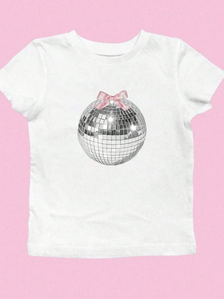 Damen T-Shirt mit funkelndem Discokugel-Motiv und zeitgemäßem Schleifendetail Echo Archiv