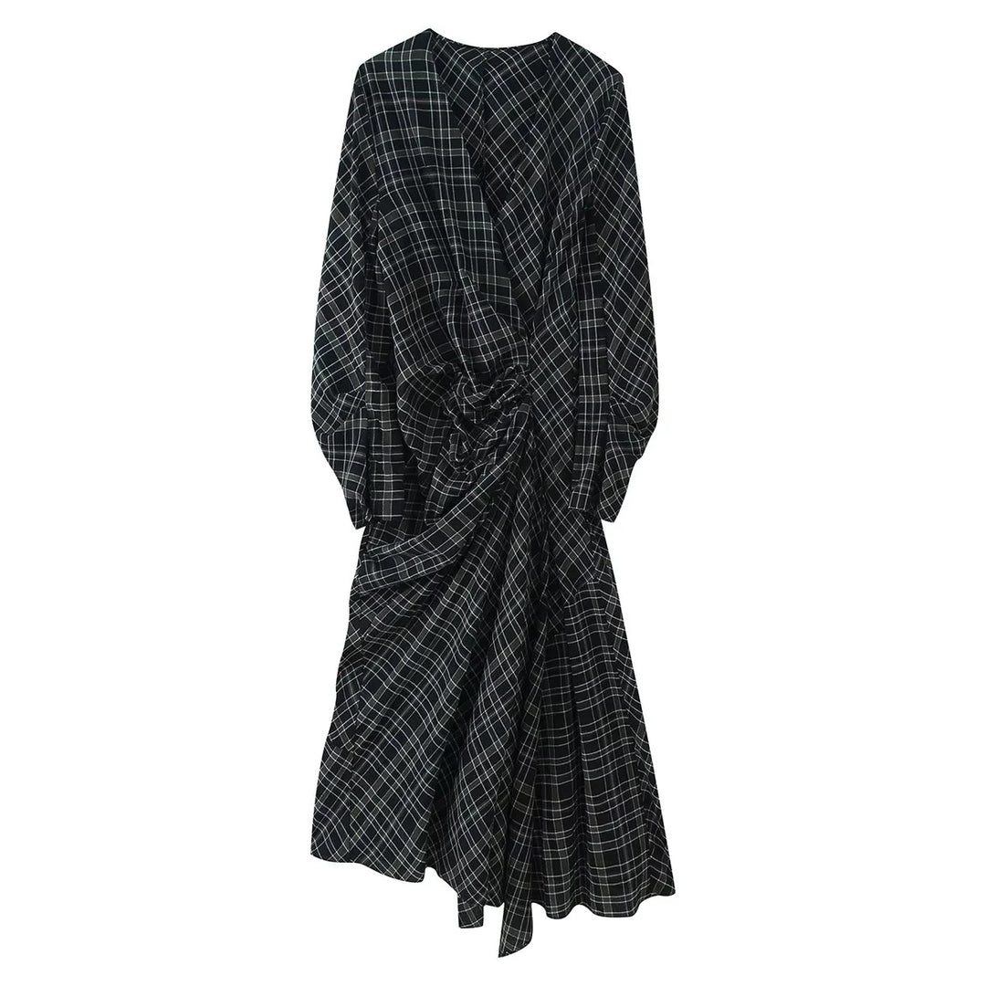 Damen asymmetrisches Midikleid mit Knoten-Drapierung und Balloon-Ärmeln – Élara