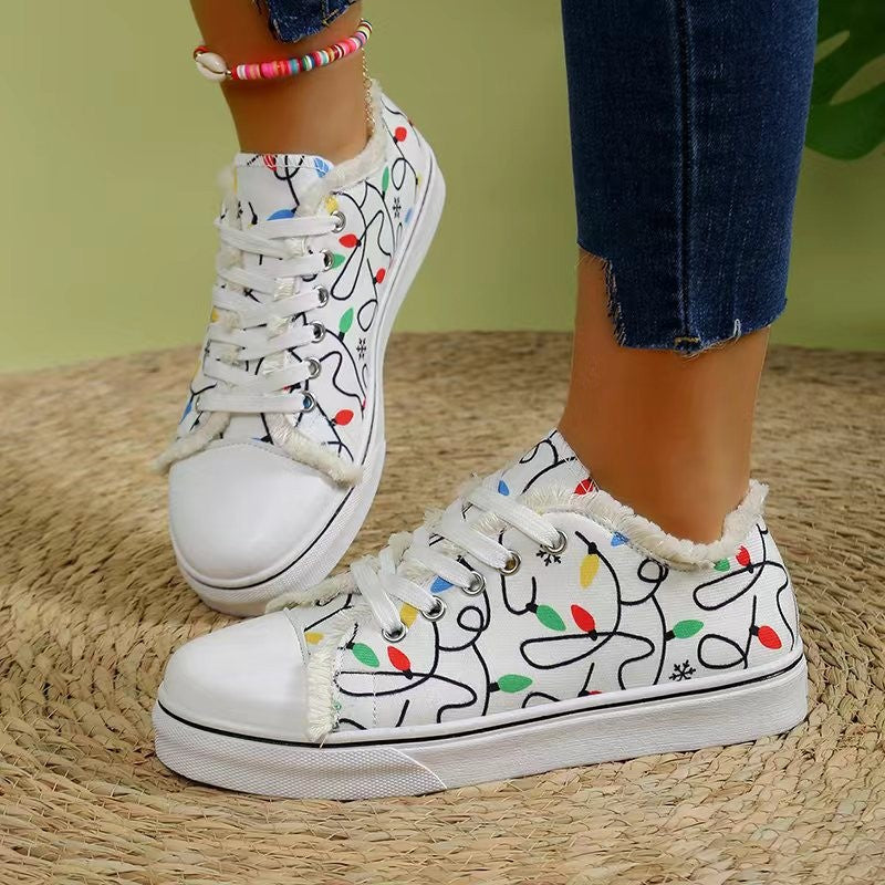 Damen Leinensneaker mit buntem Lichterketten-Print und fransigem Schaft Echo Archiv