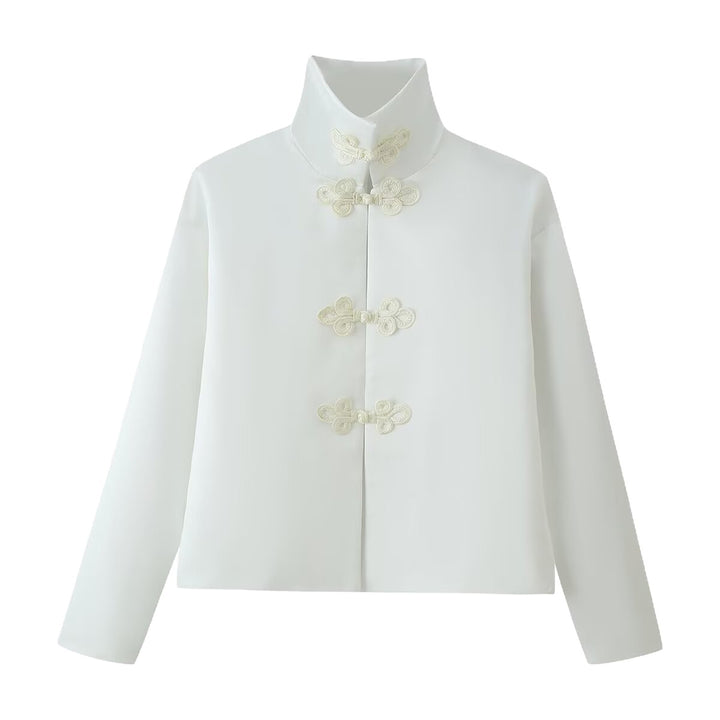 Damen Cropped-Jacke im Mandarin-Stil mit dekorativen Froschverschlüssen und kastigem Schnitt Echoarchiv