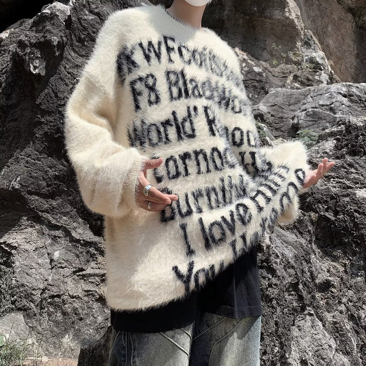 Unisex Oversized Strickpullover mit kreativem Schriftzug und gemütlichem Schnitt Echoarchiv