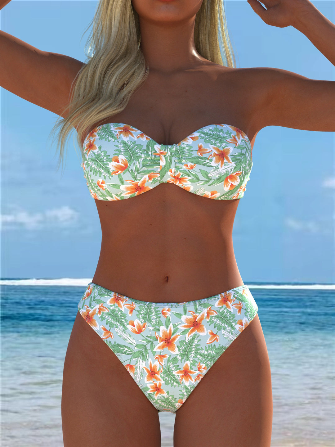 Damen Bandeau-Bikini mit einzigartigem Federmuster und hohem Taillenschnitt Echo Archiv